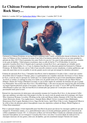 Le Château Frontenac présente en primeur Canadian Rock Story